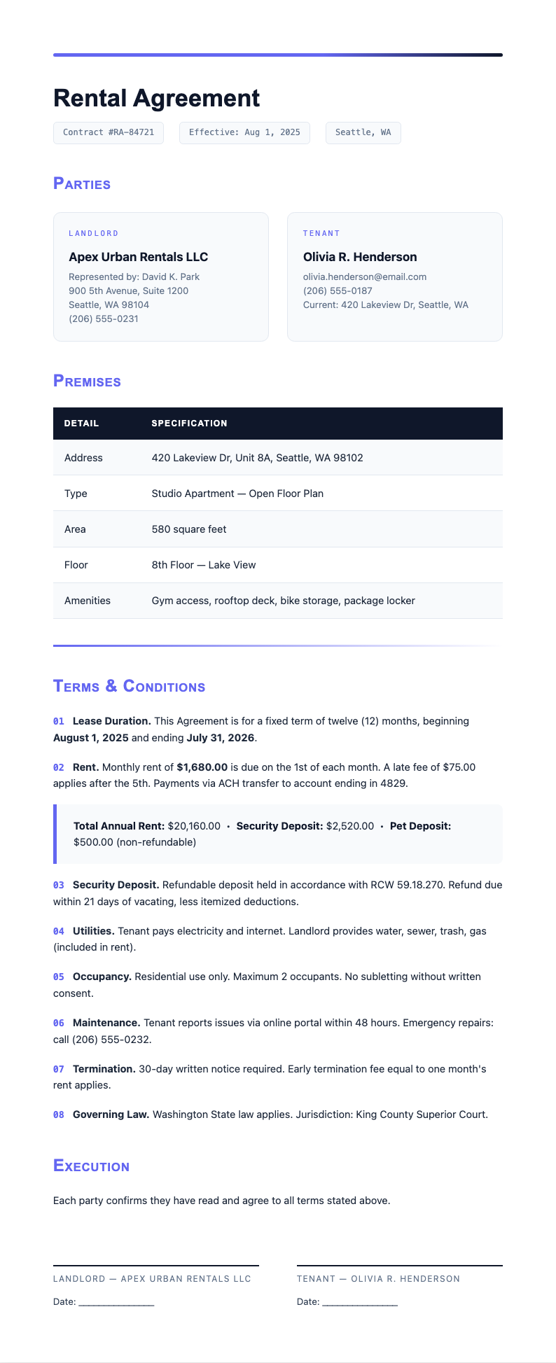 Bold contemporary rental agreement